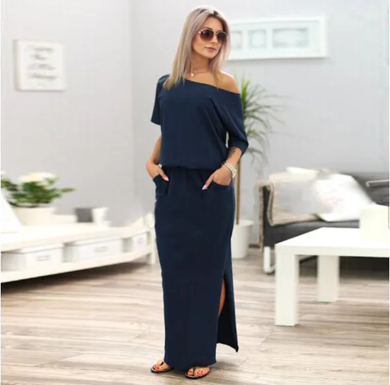 Sexy Slash neck Side Split Loose Dress Women Summer Long Maxi Dress Short Sleeve Evening Party Dress