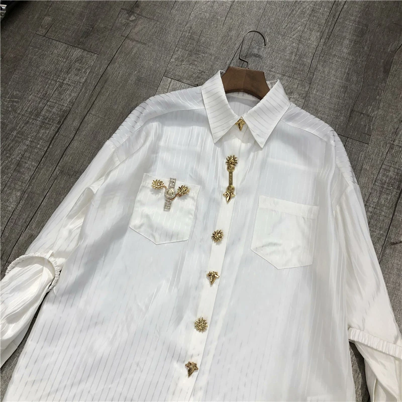 GALCAUR Diamonds Striped Shirt For Women Lapel Long Sleeve Casual Loose One Size White Blouse Female 2024 Summer Fashion Clothes