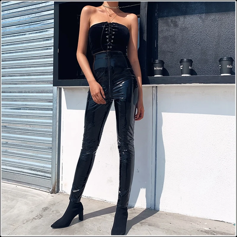 High Waist Black PU Leather Skinny Trousers Women Slim Zipper Open Crotch Pants Latex Leggings Nightclub Pencil Pant Push Up Hip