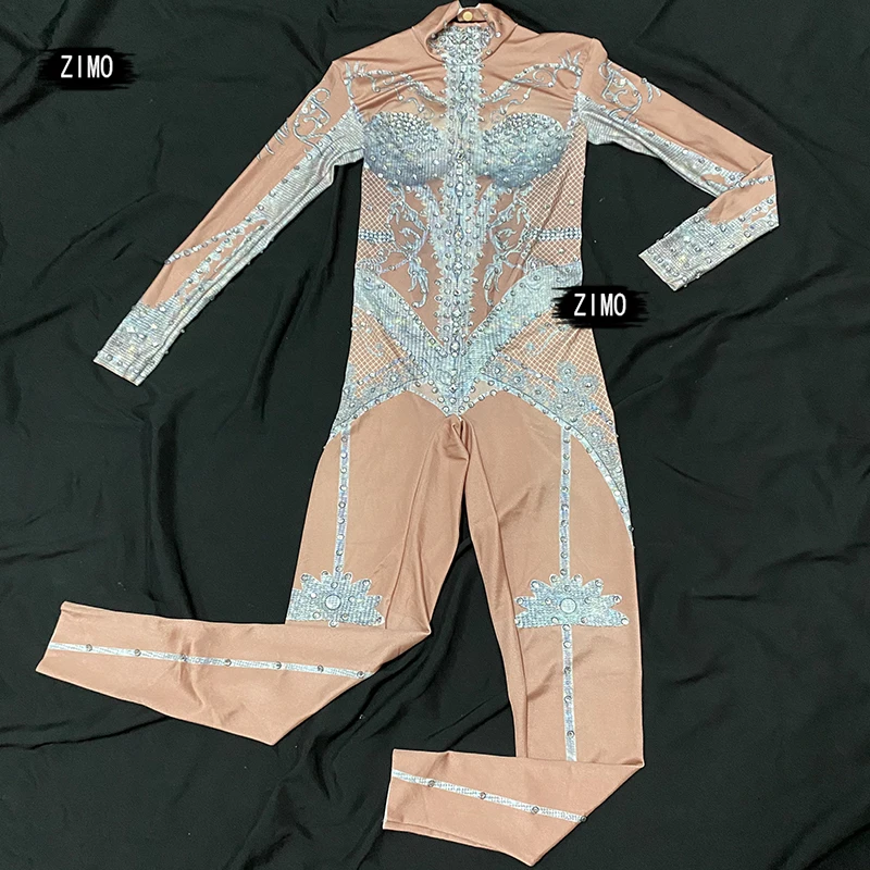 Sexy Rhinestone long sleeve Jumpsuit Women party birthday club Celebrate Performance pole dance Stage leotard drag queen Costume