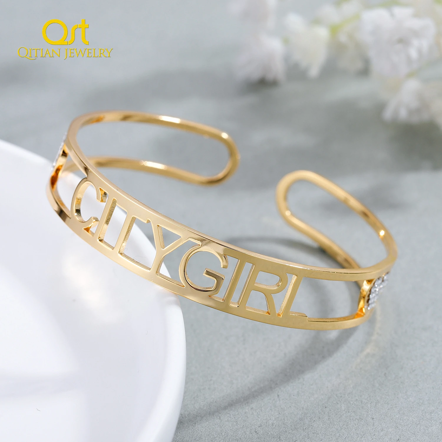 Custom Name Bracelets Personalized Zircon Bangle Bracelet With Diamond Jewelry   Luxury Words Letters Cuff  Bangles For Women