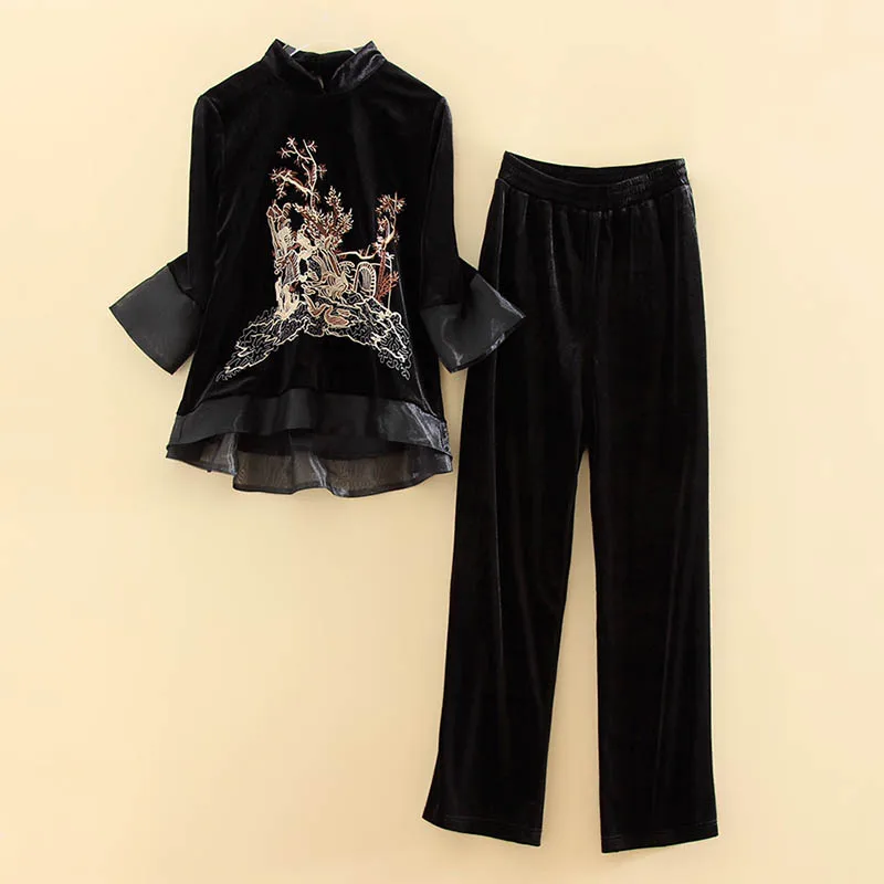 The new autumn woman two piece set Chinese style High end velvet embroidery coat+ elegant Wide leg pants 2 piece set women S-2XL