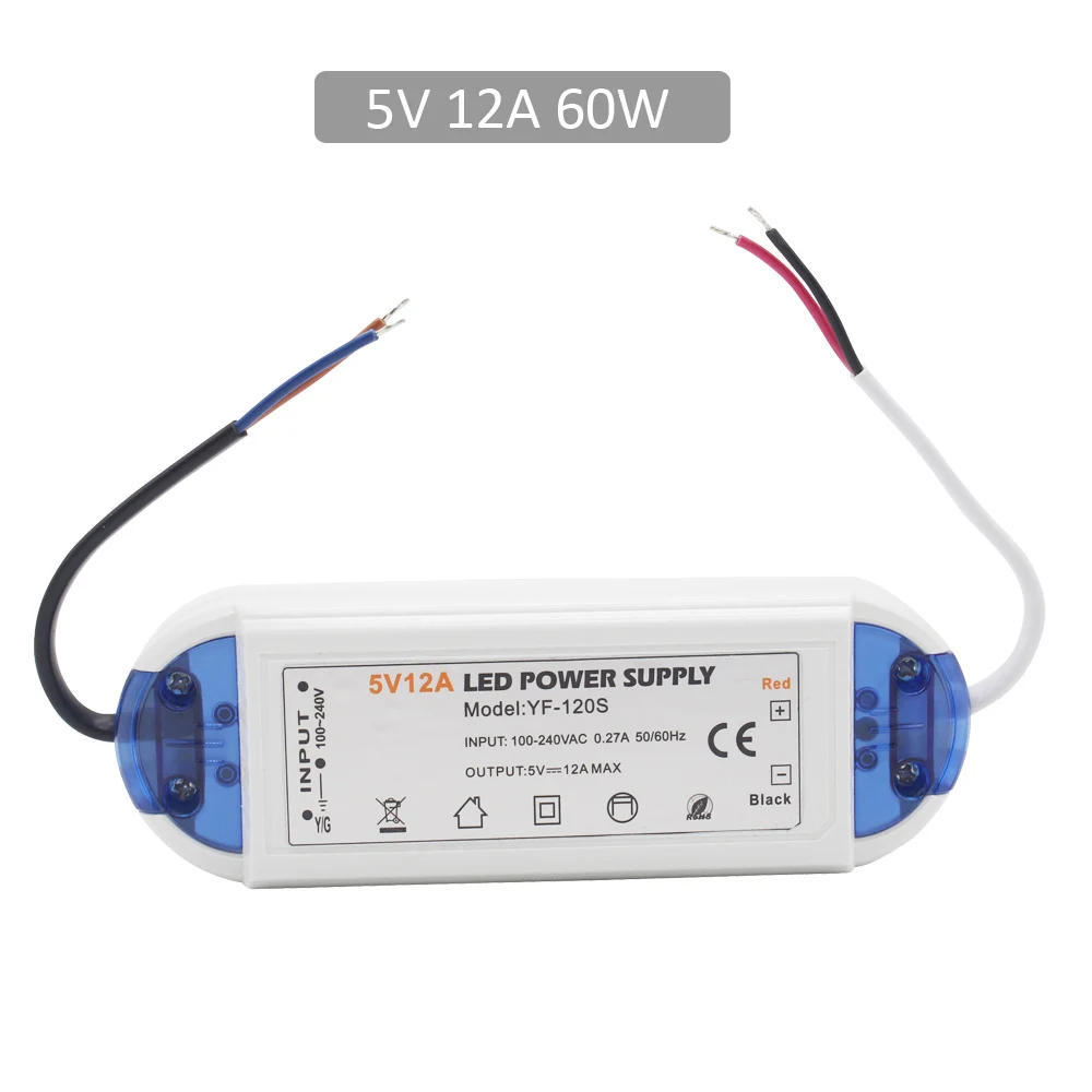 Fuente de alimentación de 5V Controlador LED de 12V Adaptador de corriente de 5 voltios 12 voltios 60W 72W 100W CA 110V 220V a CC 5V 12V 8A 20A Transformador de tira LED