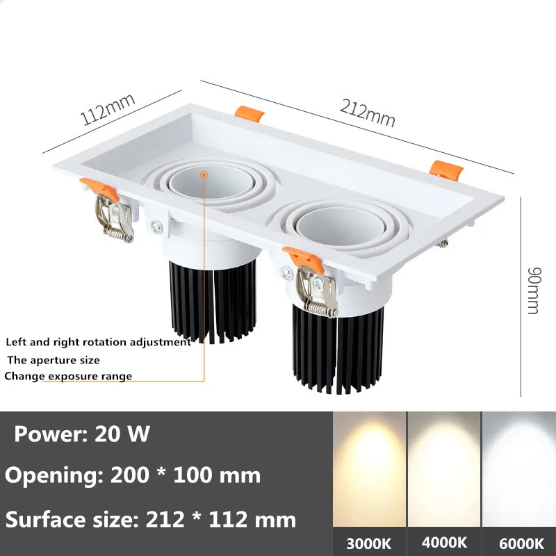 Adjustable zoom bold light led double head embedded spotlight ceiling light spotlight adjustable square grille downlight