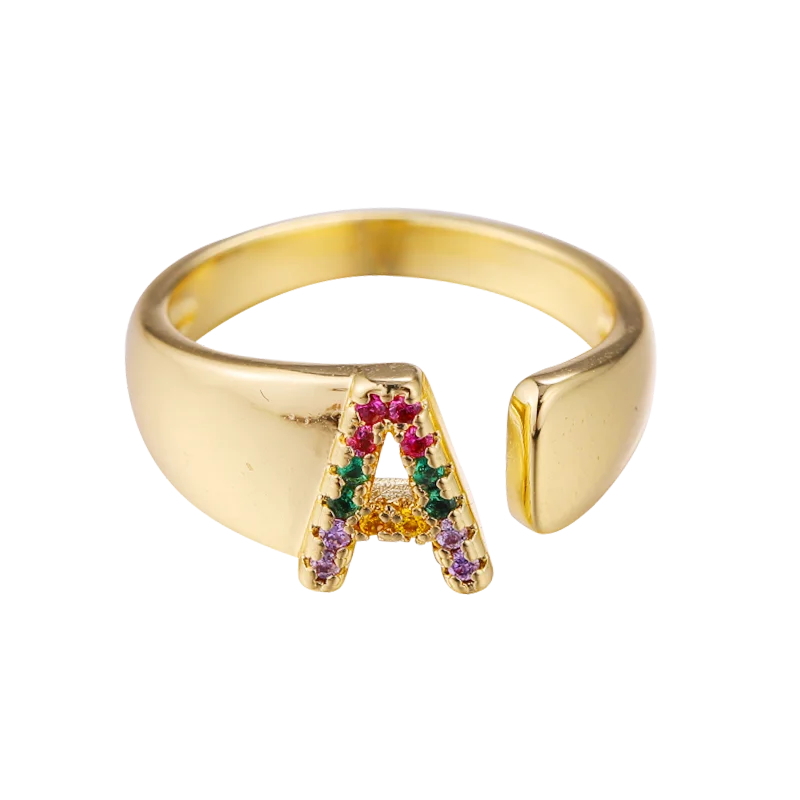 Juya Drop Shipping 18K Real Gold Plated Open Adjustable Initial Letter Rings For Women Men Rainbow Crystals Jewelry Supplies