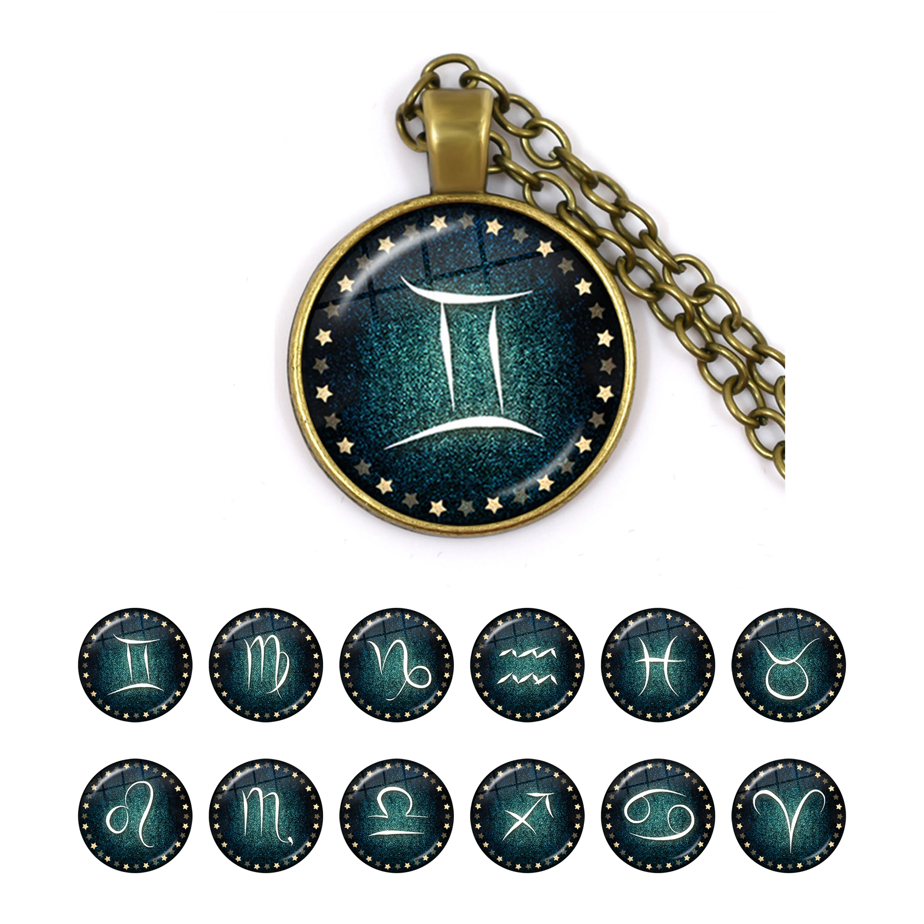 12 Constellations Antique Bronze Pendant Necklace Aries/Taurus/Gemini/cancer/LEO/Virgo Glass Cabochon Jewelry For Women Gift