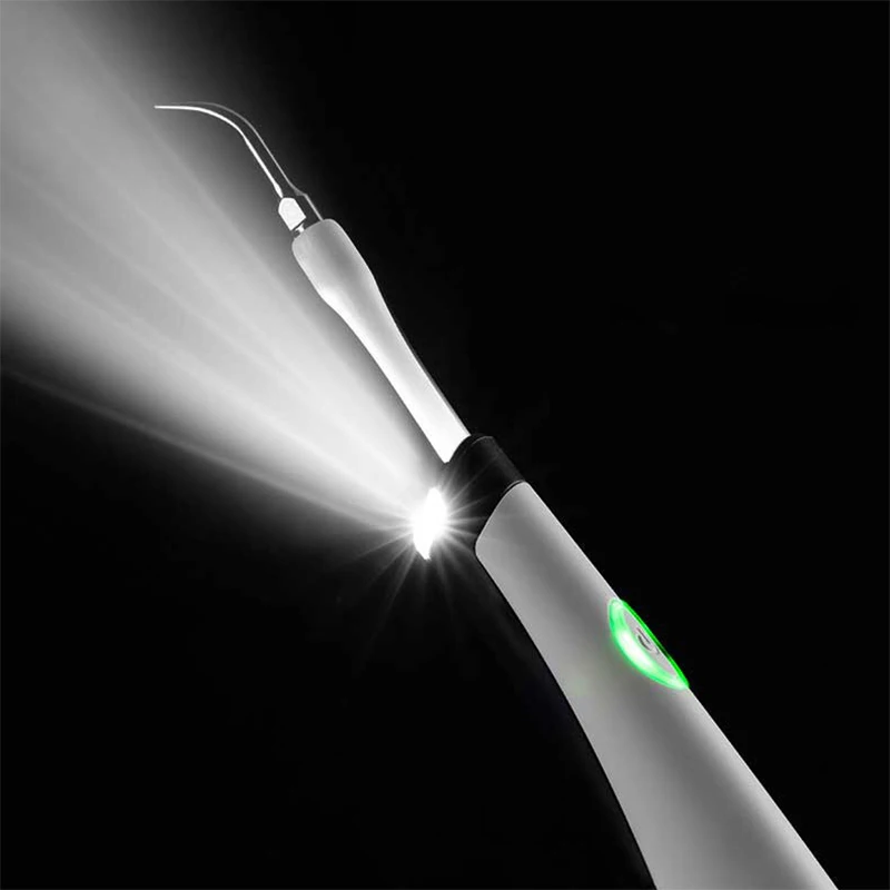 Ultrasonic Dental Cleaner LED Guide Light Remove Tooth Stain Plaque Scaler 15000rpm Battery Power with 5 Replaceable Clean Heads