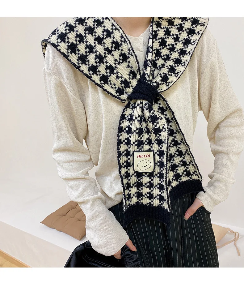 2024Korean Woolen Knit Warm Shawl Winter Female Blouse Shoulders Fake Collar Cape Knitted Scarf Houndstooth Neck Guard Scarve