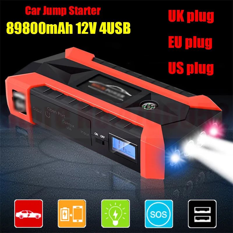 

89800mAh Car Jump Starter Multifunction Emergency Charger Battery Power Bank Pack Booster 12V 4USB Starting Device Waterproof