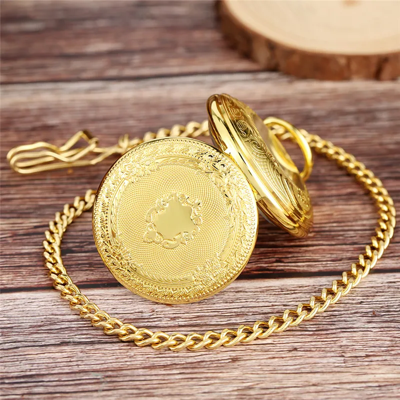 Antique Yellow Gold Shield Design Clock Skeleton Dial Mechanical Hand Winding Pocket Watch for Men Women Gift FOB Chain