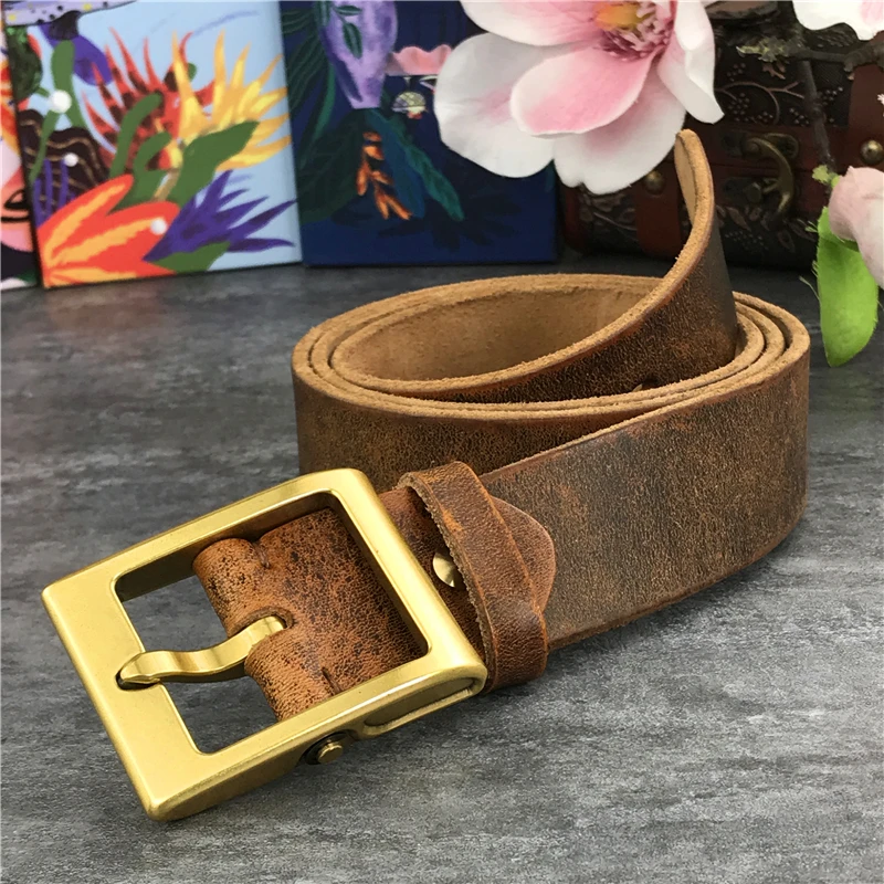 Heavy Solid Brass Belt Buckle Super Thick Men Genuine Leather Belt Men Casual High Quality Belt Cowboy Yellow Belt Jeans MBT0022