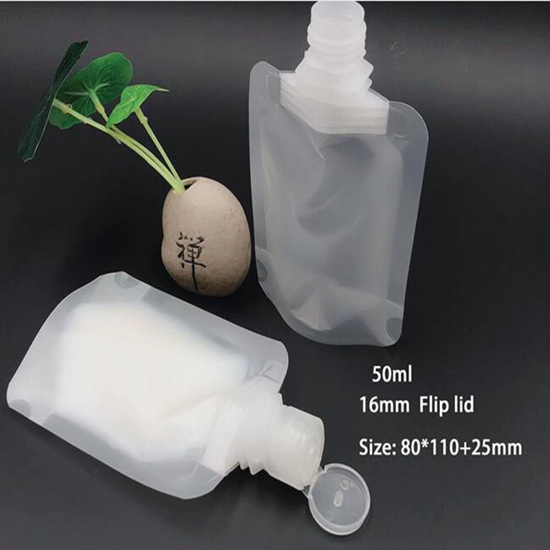 500pcs Stand Up Plastic Bag Packaging Spout Pouch for Liquid Cream Sample Storage 30ml 50ml 100ml Flip Lid Screw Cap