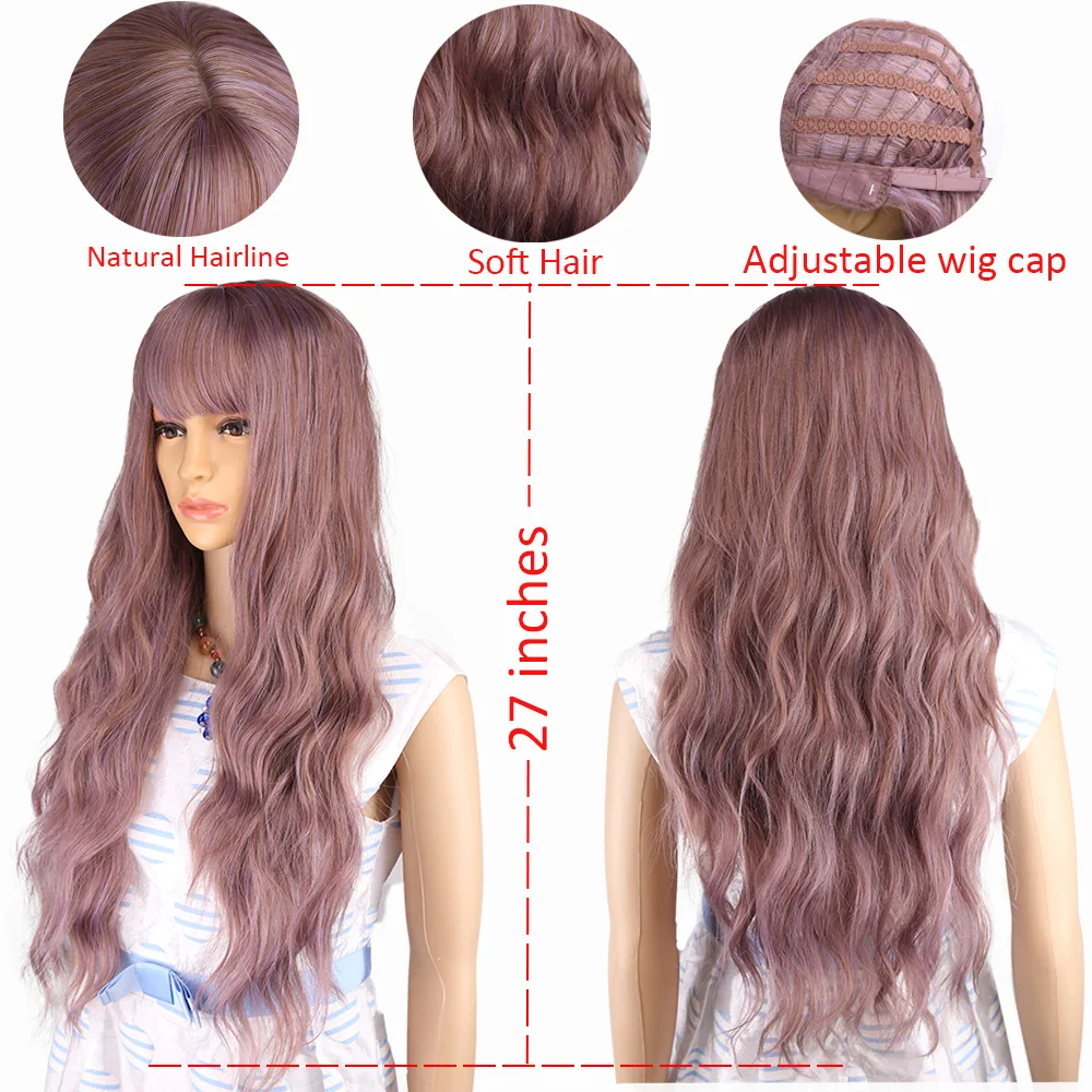 Amir Synthetic Long Purple Wig Womens Wigs with Bangs Water Wave Heat Resistant Curly Wigs for Women African American Cosplay