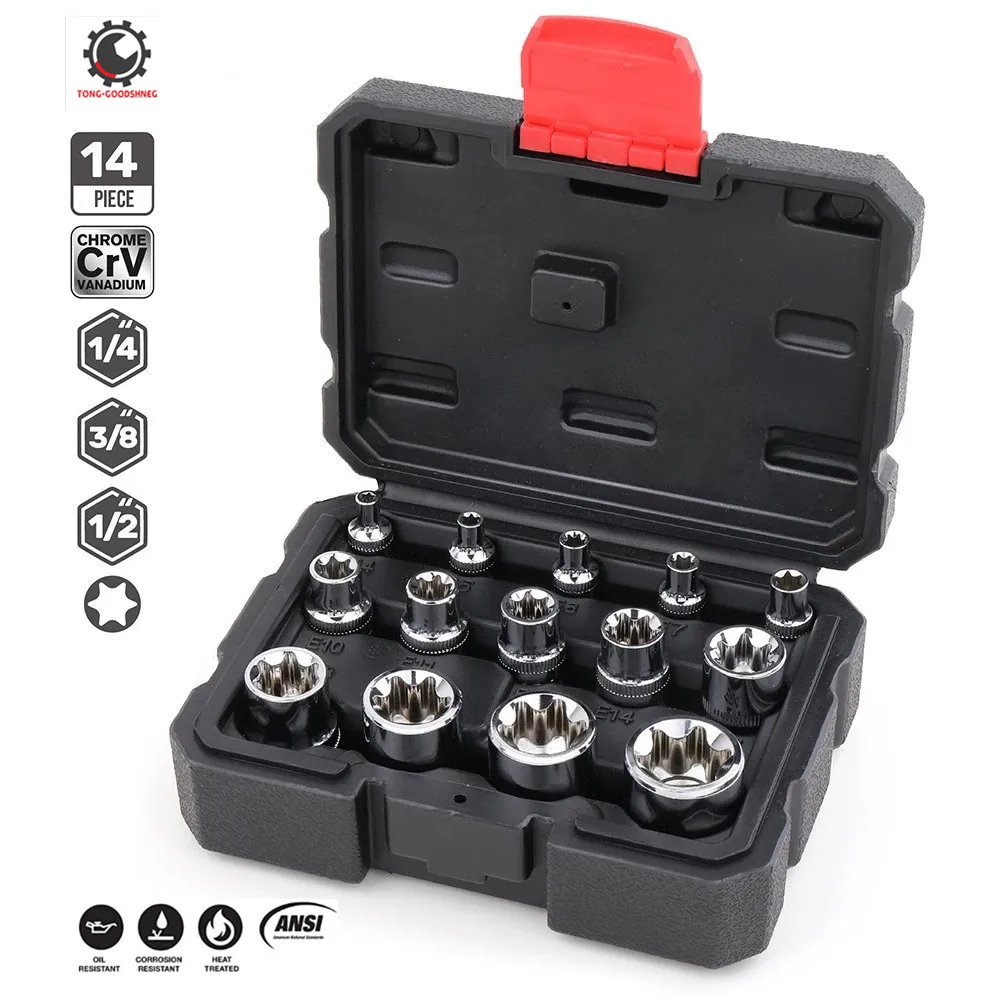 

14pcs 1/4 3/8 1/2 Torx Star Socket Set Adapter E Type Auto Repair Household Hand Tools With Box Storage Case