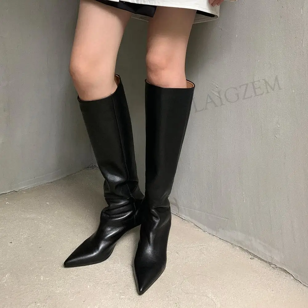 LAIGZEM Women Knee High Boots Real Leather 5.5CM Kitten Heels Boots Quality Pull On Ladies Girls Shoes Woman Size 33 38 39 40