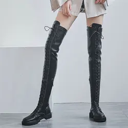 2025 Winter Warm Shoes Women Stretchy Low Heels Over The Knee High Snow Boots Female Lace Up Round Toe Platform Fashion Sneakers