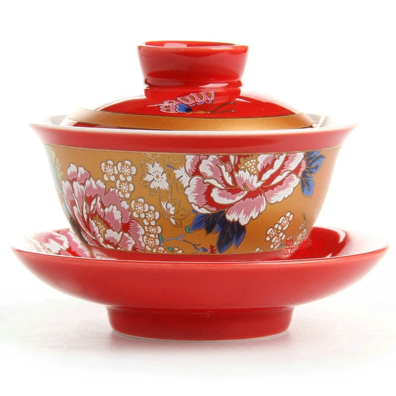 Yellow tea tureen traditional antique tea bowl cup red flower wedding ceramic gaiwan  tray porcelain marry newlywed gift