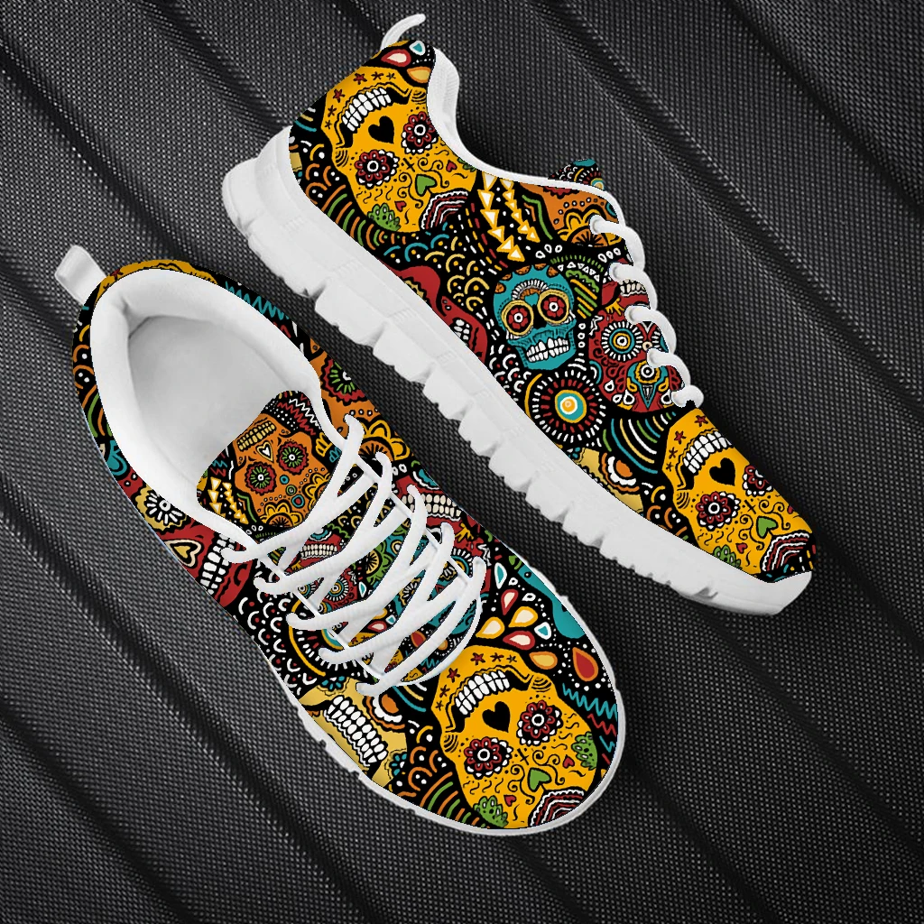 

WHEREISART Classic Sugar Skull Printed Men Flats Sneakers Plus Size 48 Brand Design Spring Autumn Lace Up Walking Shoes Dropship