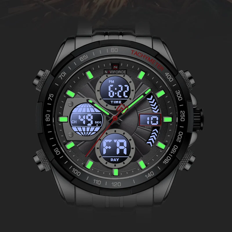 NAVIFORCE Luminous Watches Mens Business Led Digital Dual Time Week Display Waterproof Stainless Steel Wristwatches Reloj Hombre