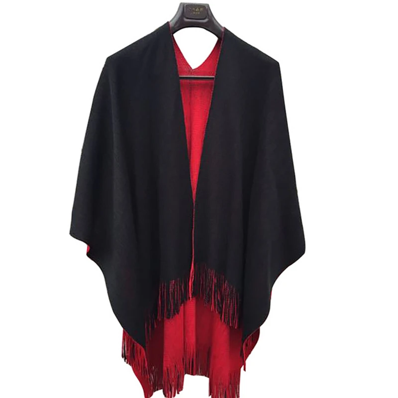 

Women scarf new knitted shawl split coat tassel black red double-side shawl dual-purpose scarf cape women pashmina bufanda mujer