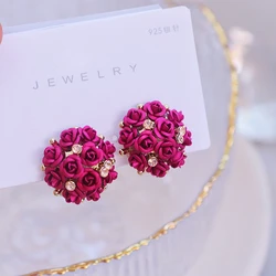Romantic Sweet Colorful Rose Flowers Stud Earrings for Women Elegant Luxury Crystal Earrings Female Wedding Party Jewelry Gifts