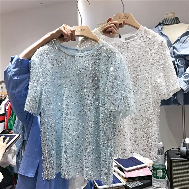 Womens Sequined Top Ins Super Fire Fashion Bling Shiny Round Neck Short-sleeved T-shirt Female Loose Thin Bling Glitter T-shirt