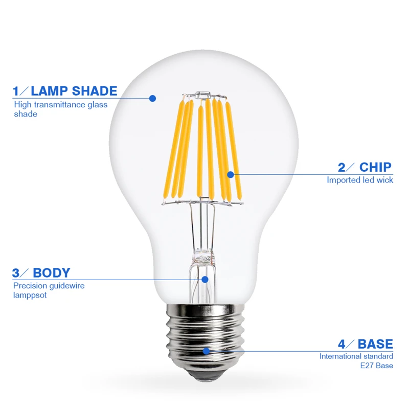 

10Pcs A60 E27 LED Bulb Filament Light Glass Bulb 220V 110V 2W 4W 6W 8W Warm/Cold White Edison Lamp Lampada Antique Vintage Led