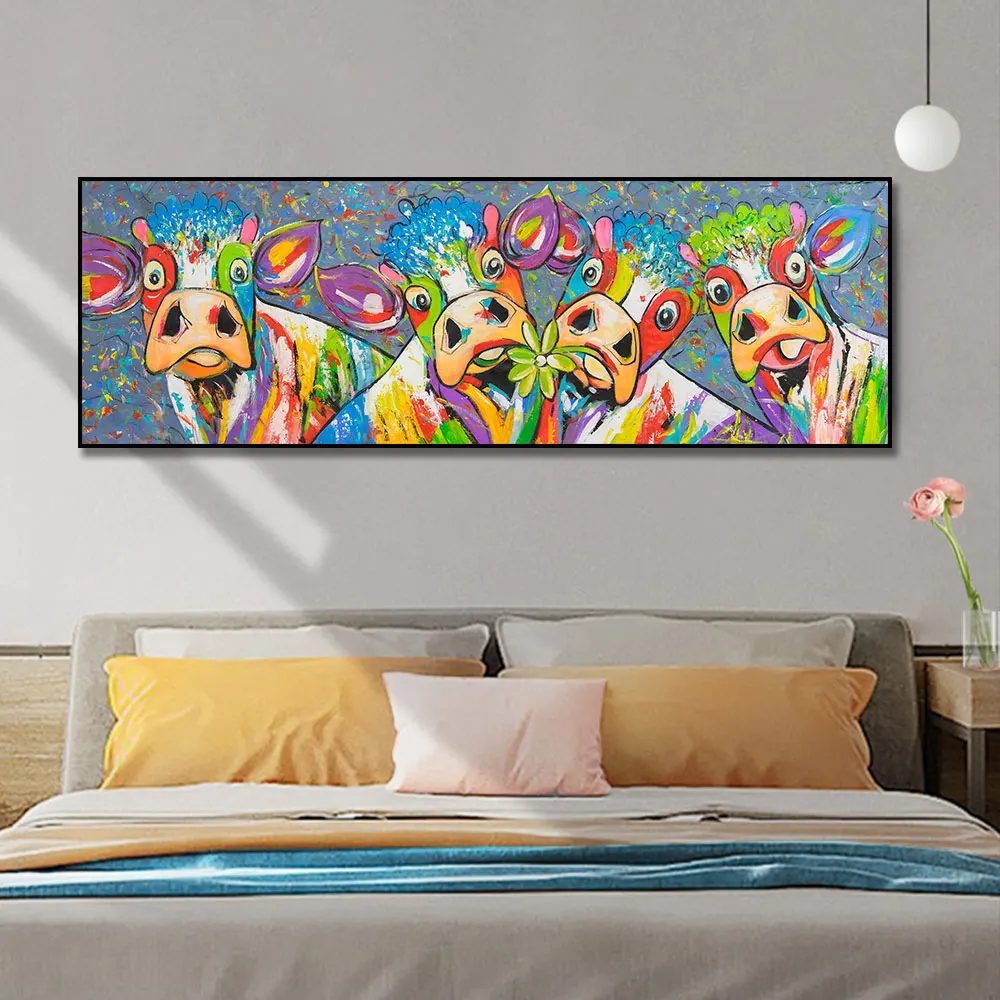 Abstract Colorful Cow Hand-Painted Oil Painting Wall Art Handmade Animal Canvas Oil Painting Picture for Kids Room Home Decor