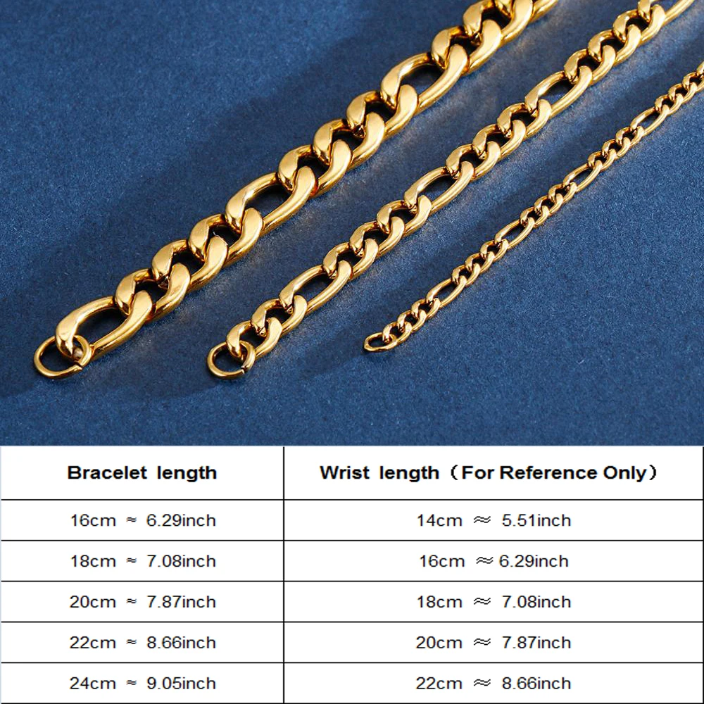 3/5/7mm Metal Gold Color Figaro Link Chain Bracelet  For Men Stainless Steel Fashion  Jewelry
