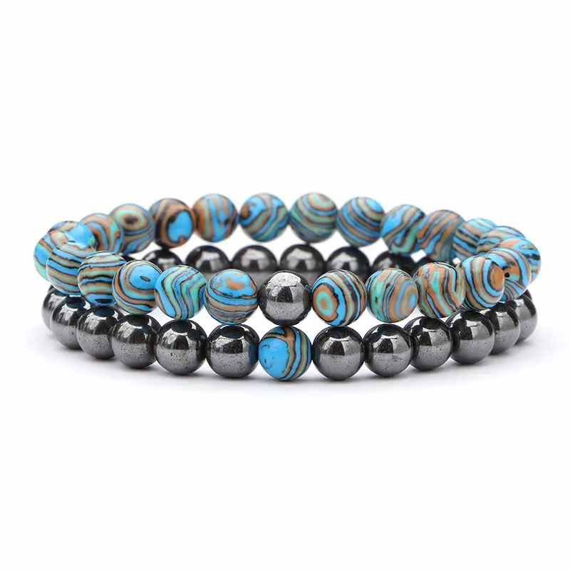 2-teiliges Set aus Naturstein-Armbändern für Paare, klassisches schwarzes, mattes, blaues Malachit-Armband, geeignet für Männer und Frauen, bestes