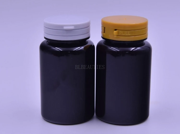 150cc PET Vitamins Bottle, Capsule Bottle, Plastic Bottle--Light-proof Black Color with White Yellow Pull Cap 200pcs/Lot