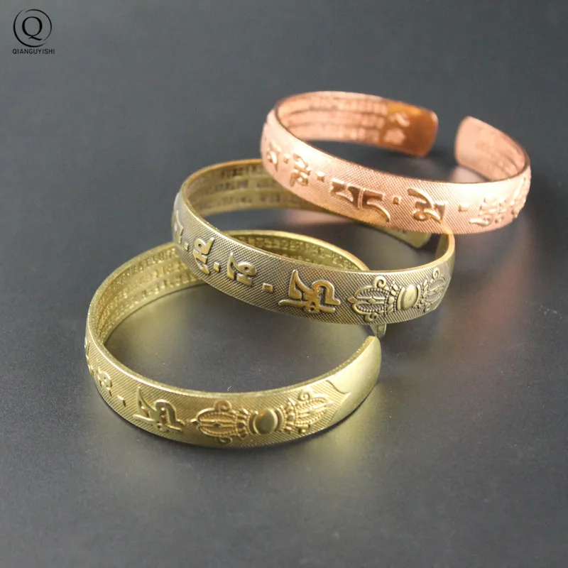 Nepal Handmade Vintage Brass Bracelet Six-word Mantra Men and Women Tibetan Buddhist Sutra Engraved Lucky Open Bangles Jewelry