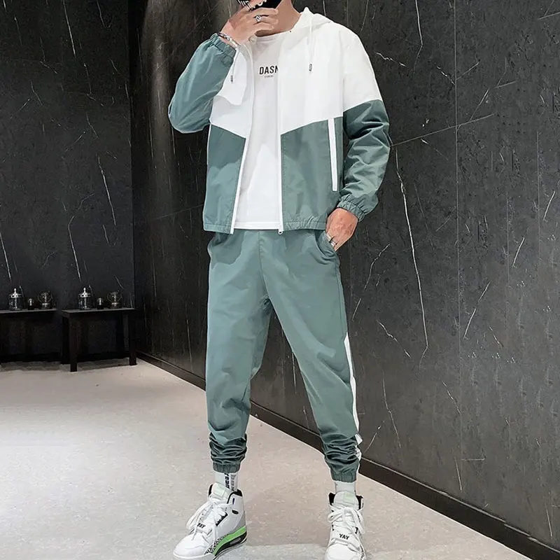 M-5XL Oversized Men Autumn Hoodies Set Sportswear Tracksuit Patchwork Hip Hop Jacket Coat+Pants Male Casual Two Pieces Suit