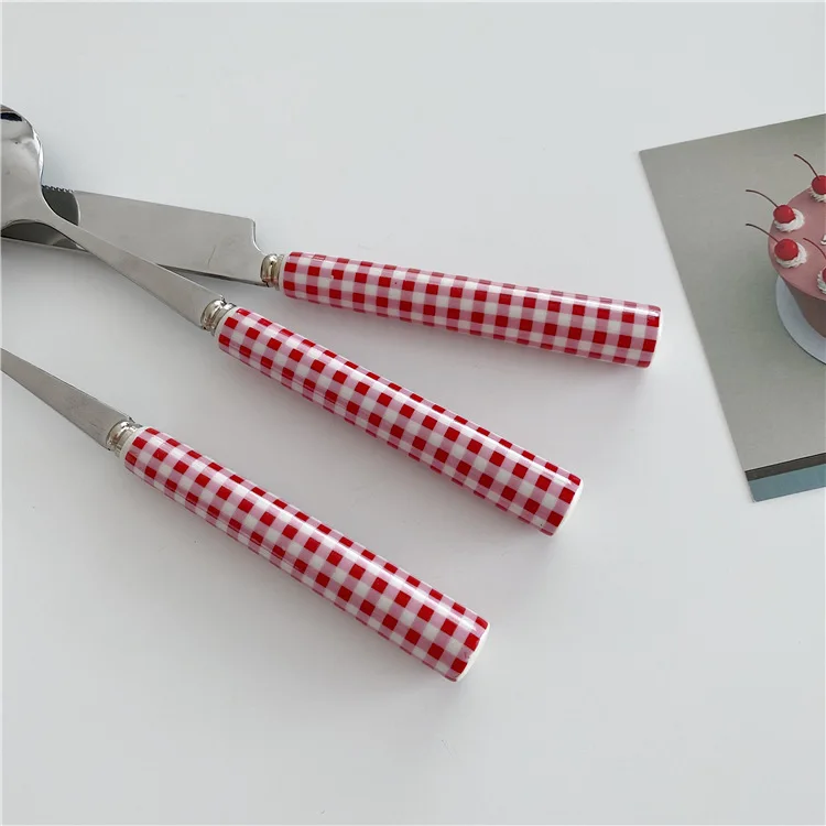 Tableware Dessert Steak Plaid Stainless Steel Ceramic Glossy Blue Red Checked Ceramic Handle Knife Fork Spoon Kitchen Dinnerware