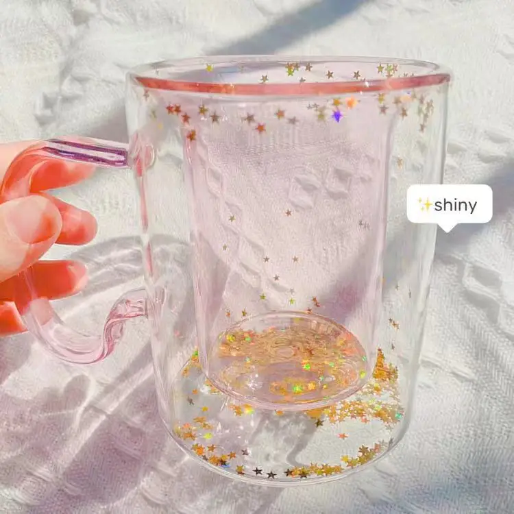 Korean Ins Girl Heart  Kawaii  Bubble Star Sky Cup Star Sequin Double Wall Glass Coffee Cup Handle Heat Resistant Milk Cup