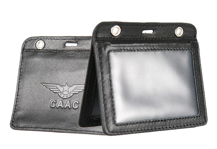 Genuine Leather ID Card Case Boarding Pass Card Hoder, Double Layer for 3 cards,with Metal Buckle, for Office Pilot Flight Crew