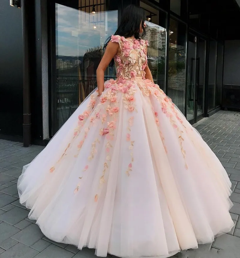 2024 Princess Floral Flowers Prom Dresses Sweet 16 Dress Quinceanera Dress Puffy Girls Pageant Lace Appliques