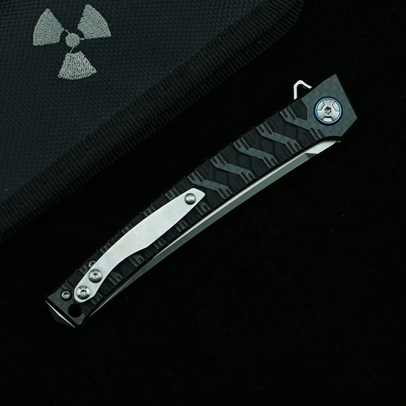 LEMIFSHE-Dobrável Canivete com Cabo De Fibra De Carbono, Sobrevivência Bolso Ferramenta EDC, Cozinha Caça, Acampamento ao ar livre, 100% D2 Lâmina Flipper, JR3406