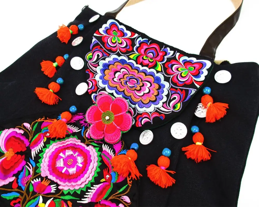 2-Usage Hmong Vintage Ethnic Tribal Thai Bohemian shoulder Messenger Tote Bag Handmade, Embroidery Pom Trim Bell SYS-568