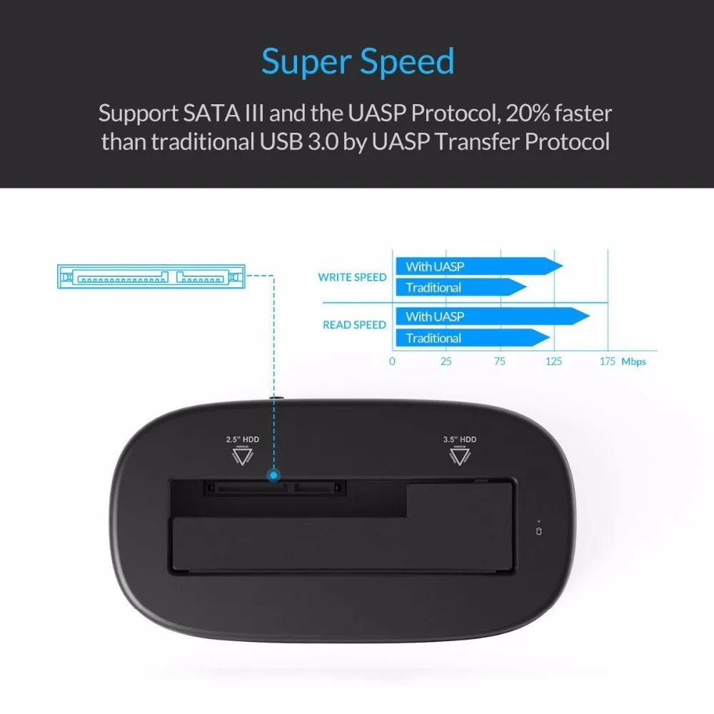 ORICO-estación de acoplamiento de disco duro 6218US3 UASP 2,5, 3,5 pulgadas, USB 3,0, 18TB, carcasa de HDD de Bahía Simple y base de disco duro SSD, color negro