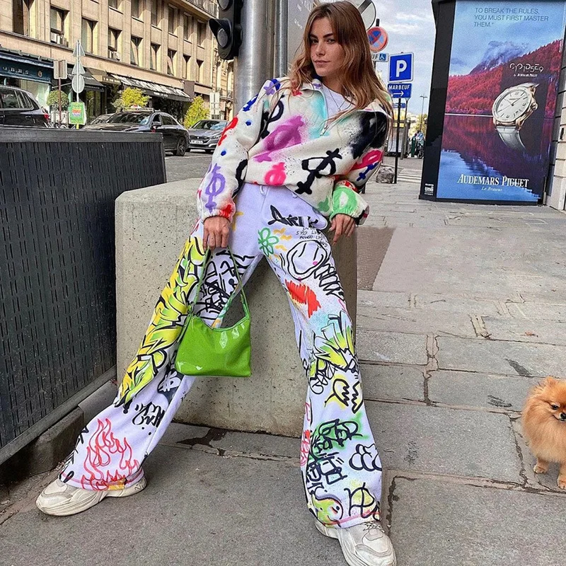 

Summer Autumn Ladies Personalized Loose Pants Girls Creative Graffiti Printing Casual Long Trousers For Shopping Dating Daily