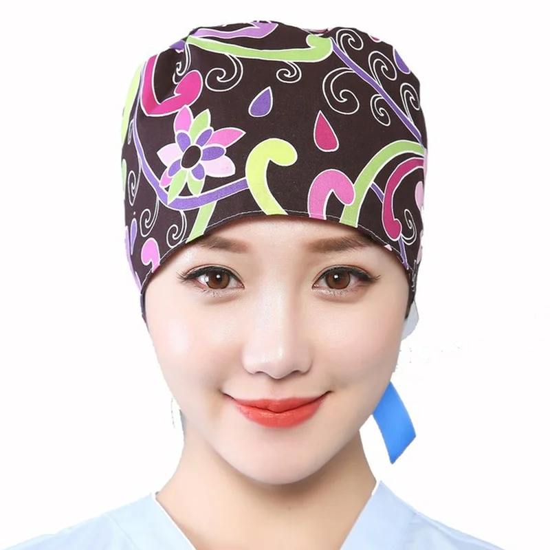 Women Scrub Hats Working Caps Printed Unisex Cotton Head Wear Reuseable Bandage Hats Beauty Salon Pet Grooming Tieback Work Cap