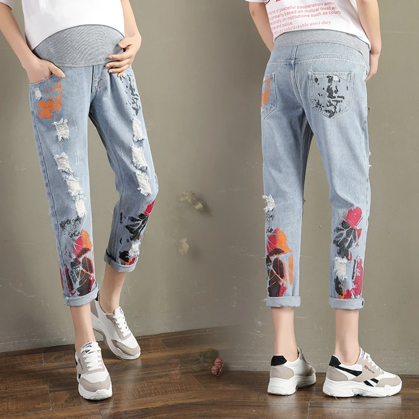 Fashion printing pregnant women loose jeans spring and autumn feet harem pants casual holes were thin radish cropped pants