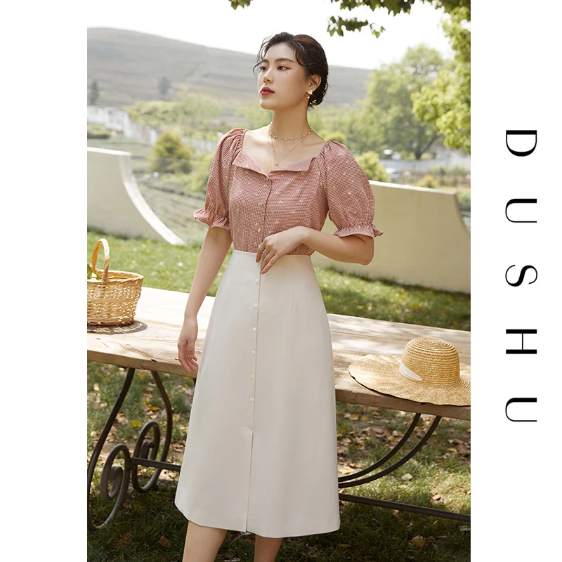 

DUSHU Lady Retro Hollow Polka Dot Shirt Summer 2021 New Product Square Collar Casual Loose Top Women Blouse Clothes