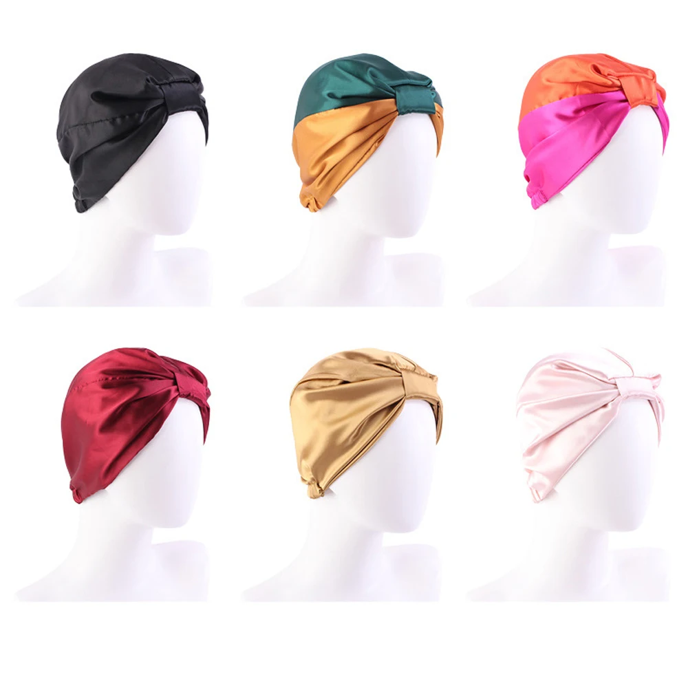 Women Color Block Hat Muslim Bonnet Chemo Cancer Cap Islamic Hair Loss Hat Head Scarf Turban Satin Liner Inner Cap Arab Fashion