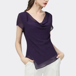 2021 Women Short Sleeve Summer Chiffon Blouse Purple V-Neck Tops Slim All-match Double Layered Fashion Casual Ladies Blouses