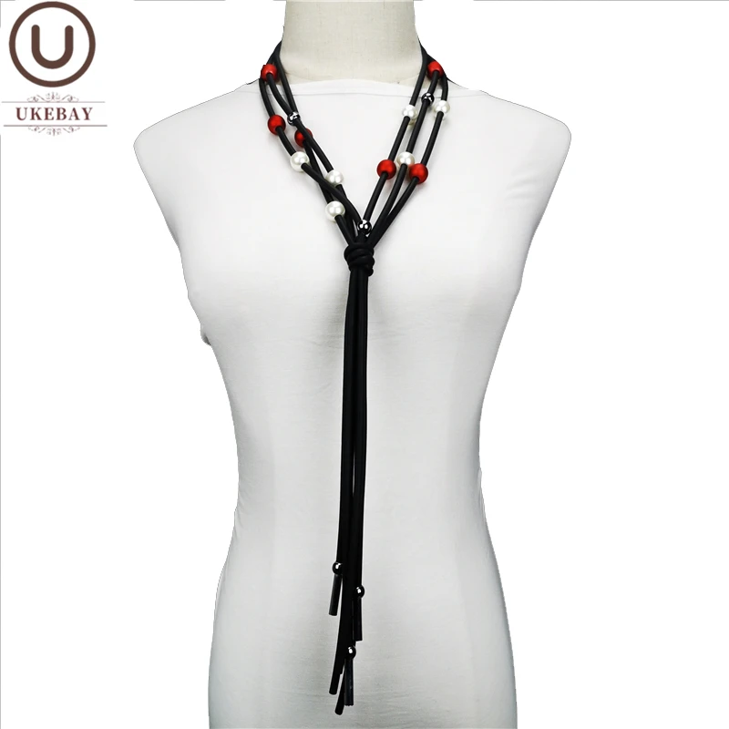 

UKEBAY New Red And White Pearl Necklaces Women Luxury Jewelry Handmade Rubber Accessories Long Pendant Necklace Bead Jewellery