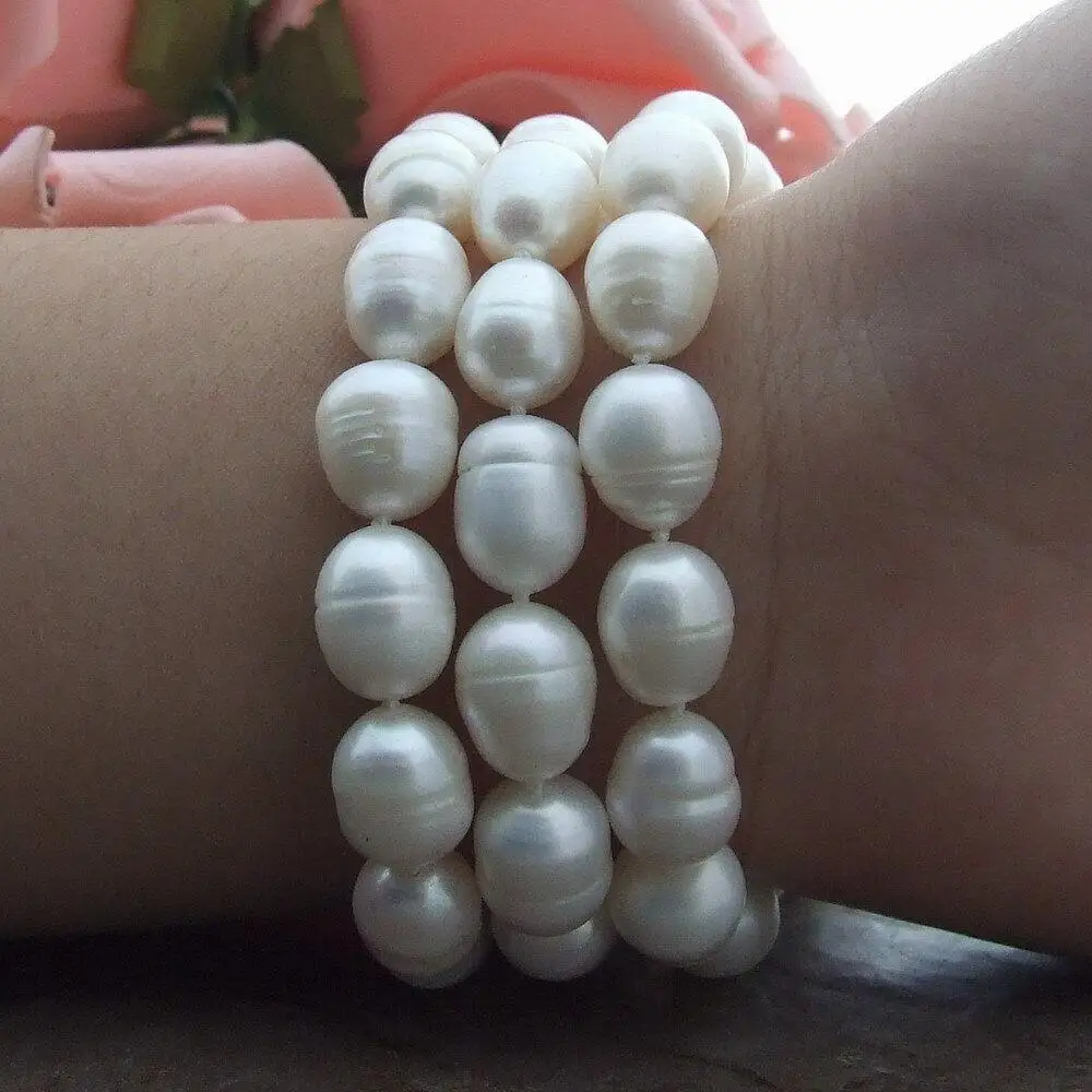 8'' 3 Strands Natural White Rice Freshwater Pearl Strand Bracelet Luxury for Women Anniversary Jewelry Gifts