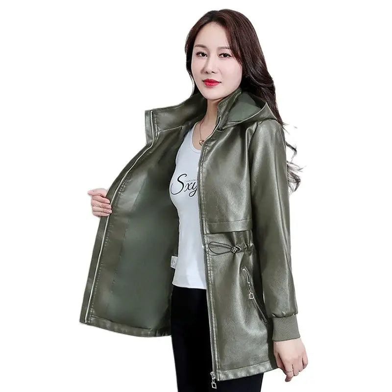 Chic Women Leather Coat Long Sleeve Hooded Woman Zipper Biker Jacket Fashion 2021 Luxury Spring Autumn British Style outerwer