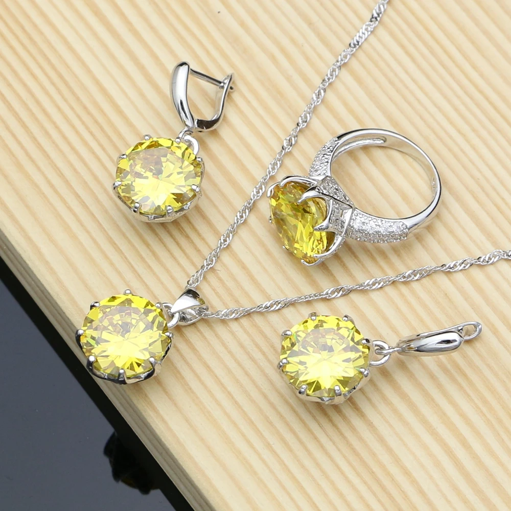 

Natural Yellow CZ Costume Jewelry Sets Silver 925 Jewelry For Women Bride Earrings/Pendant/Ring/Necklace Set Dropshipping